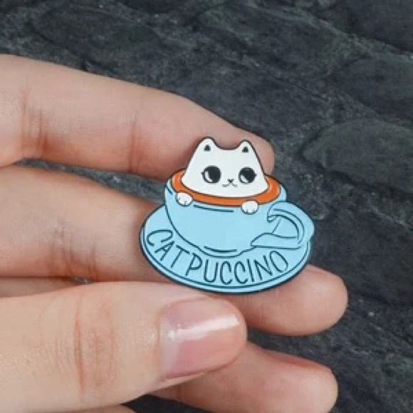 Coffee Themed Cup & Saucer with Cat Kitty “Catpuccino” Metal Enamel Pin Brooch - Picture 7 of 10